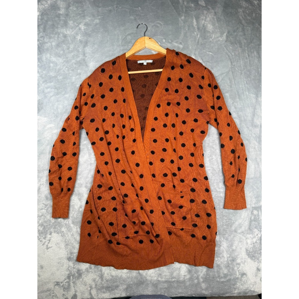 Heart-N-Crush Cardigan Sweater Women Large Rust Orange Polka Dot Knit Open Front